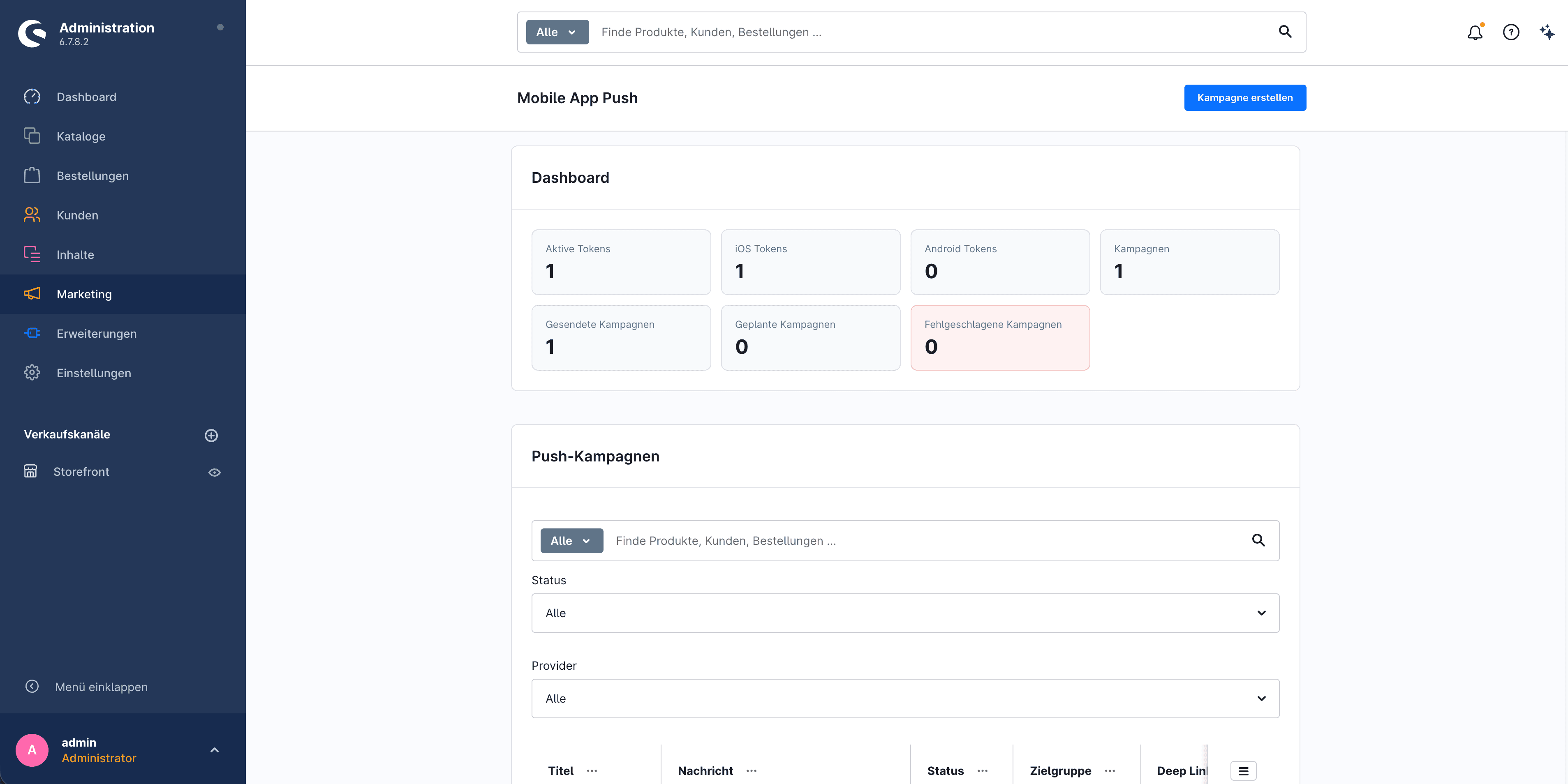 Shopware Administration mit Dashboard und Verwaltung für Mobile App Push-Kampagnen