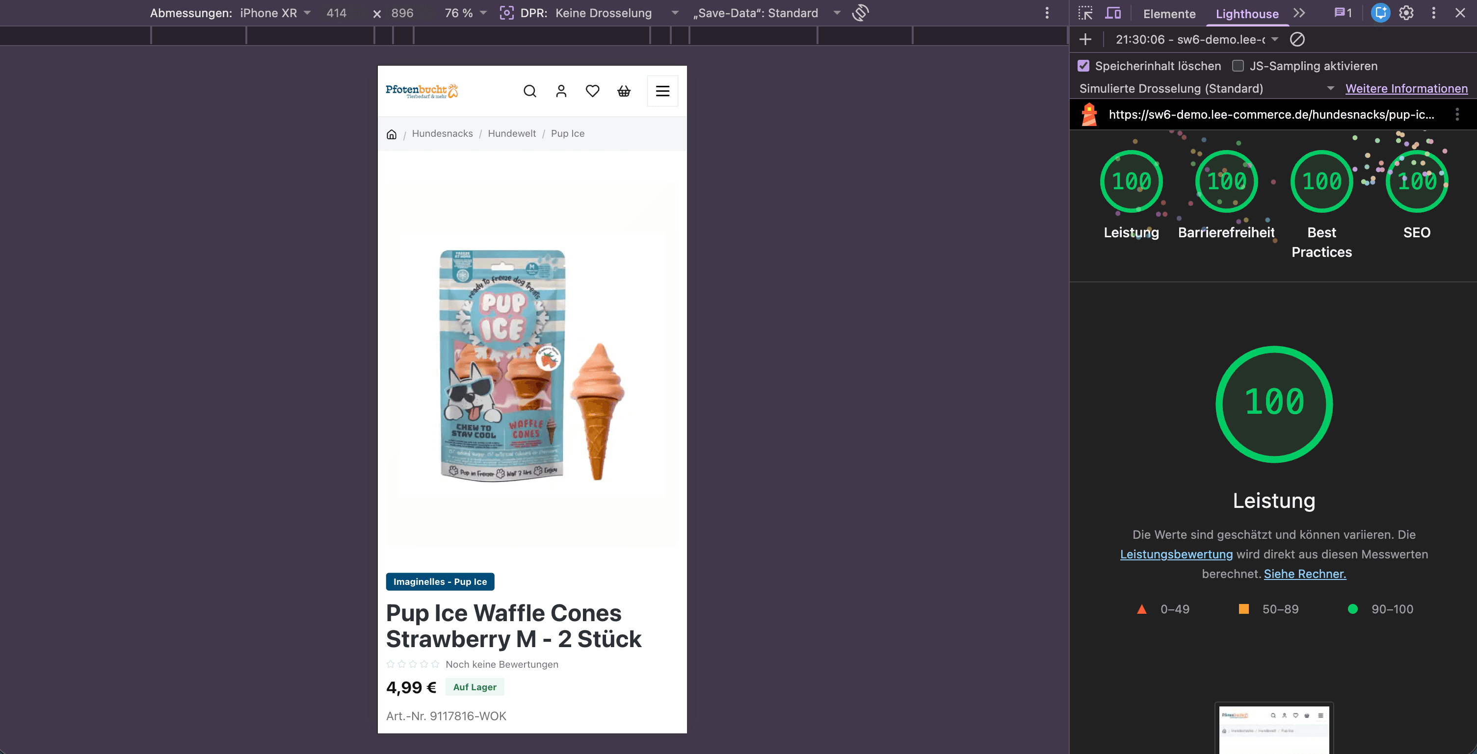 Mobile Custom Storefront Mockup mit Lighthouse Score
