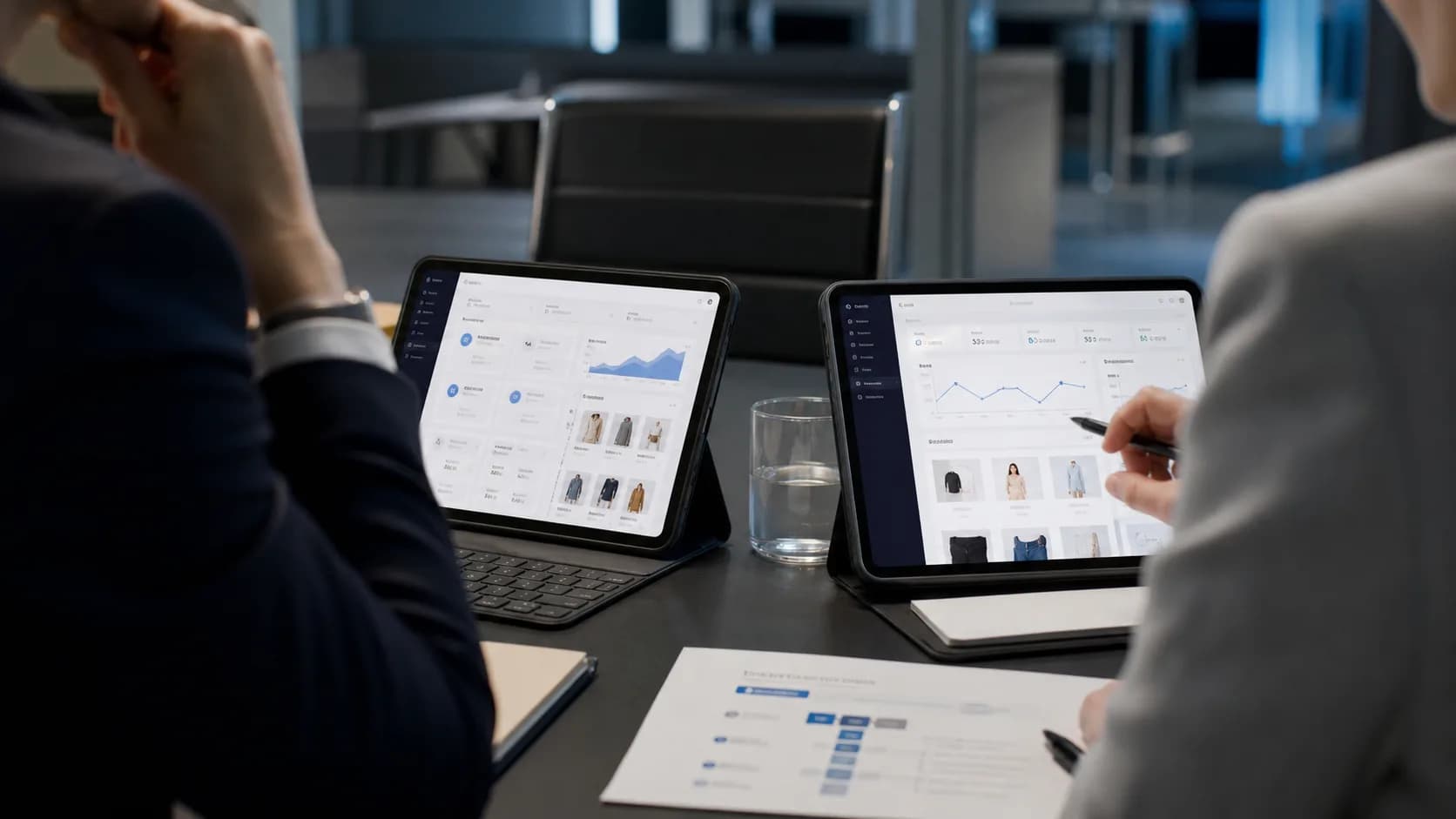 Strategischer Vergleich von E-Commerce-Plattformen in einem modernen Meetingraum