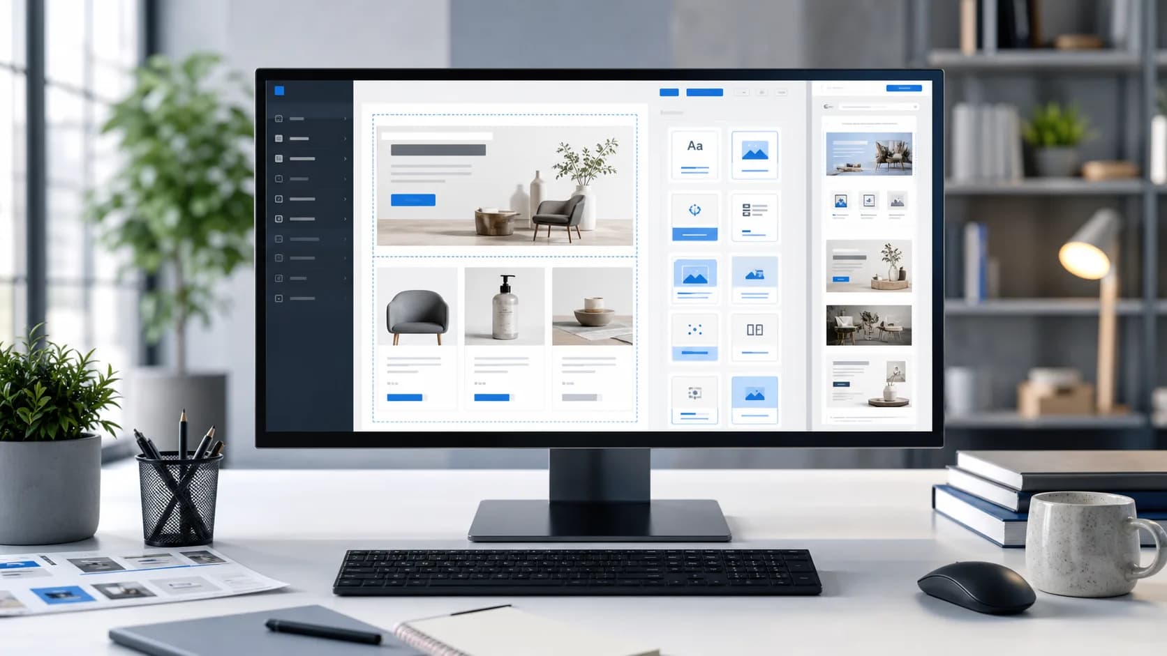 Modulare Shopware CMS-Erlebniswelt auf einem professionellen Arbeitsplatz